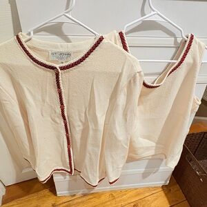 St. John Cream Knit Cardigan & tank Shell Set with Red Trim size large 12